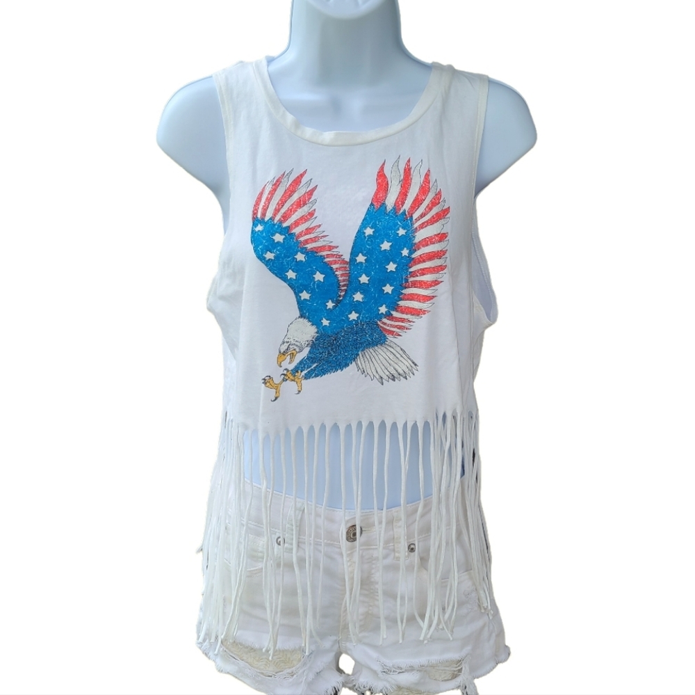 Cute Vintage Look Stars and Stripes American Eagle Muscle Tank With Fringe